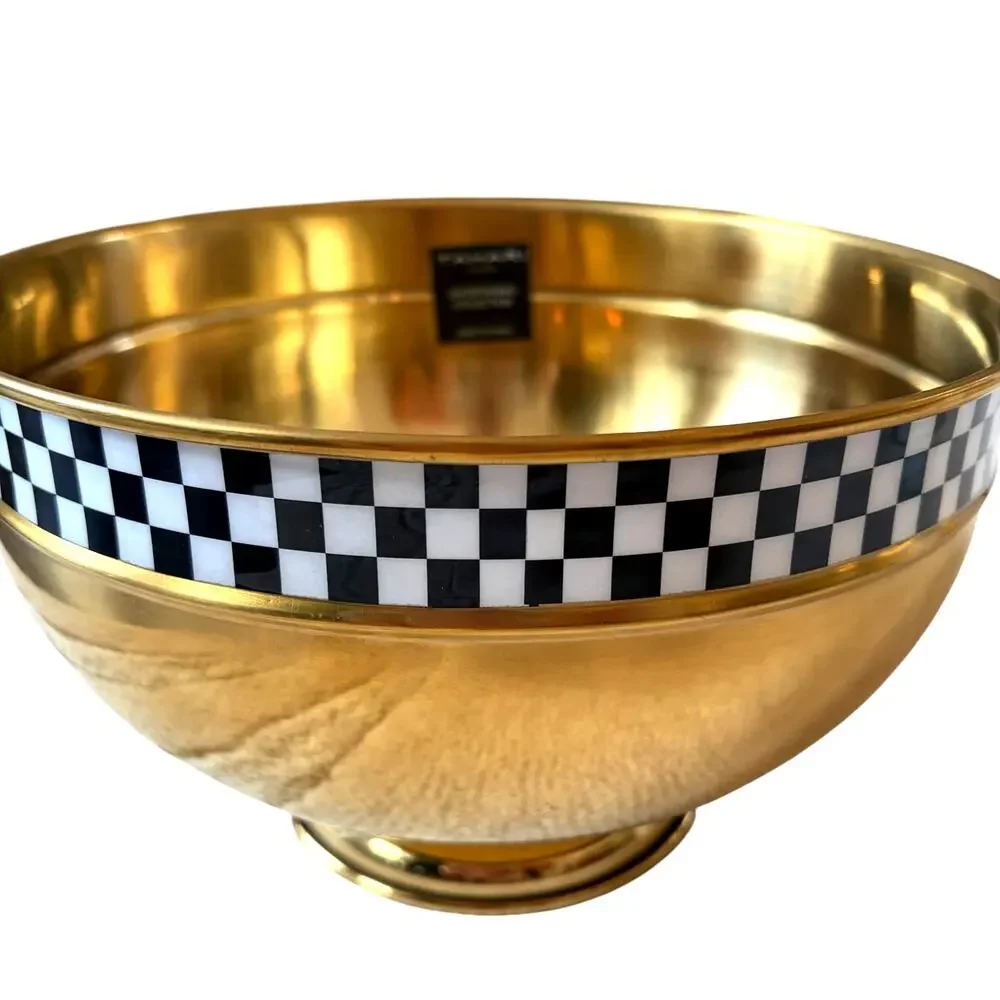 Tahari Home Gold Pedestal Bowl w/ Black White Checkered Band 10.5in NEW